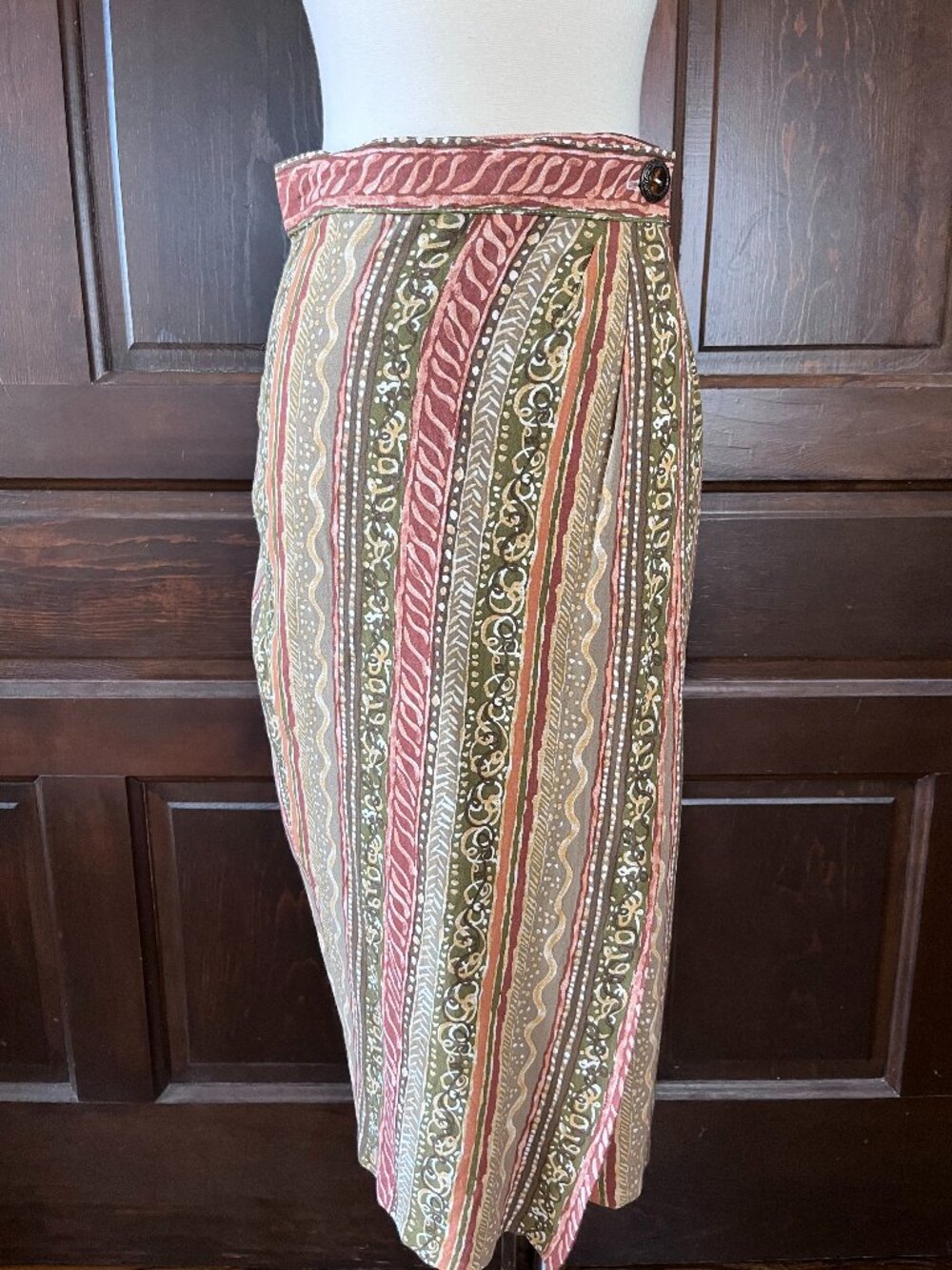 Leger Vintage 90s Midi Wrap Skirt Size 10 Rayon Stripe Earthy Boho Made in USA